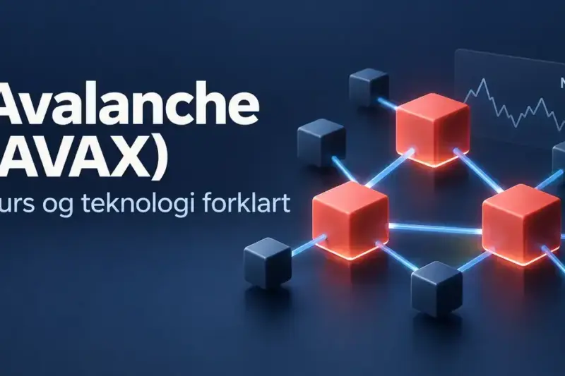 Illustrasjon av Avalanche (AVAX) med sammenkoblede blokker og en stilisert kursgraf i norske kroner, med teksten «Kurs og teknologi forklart».