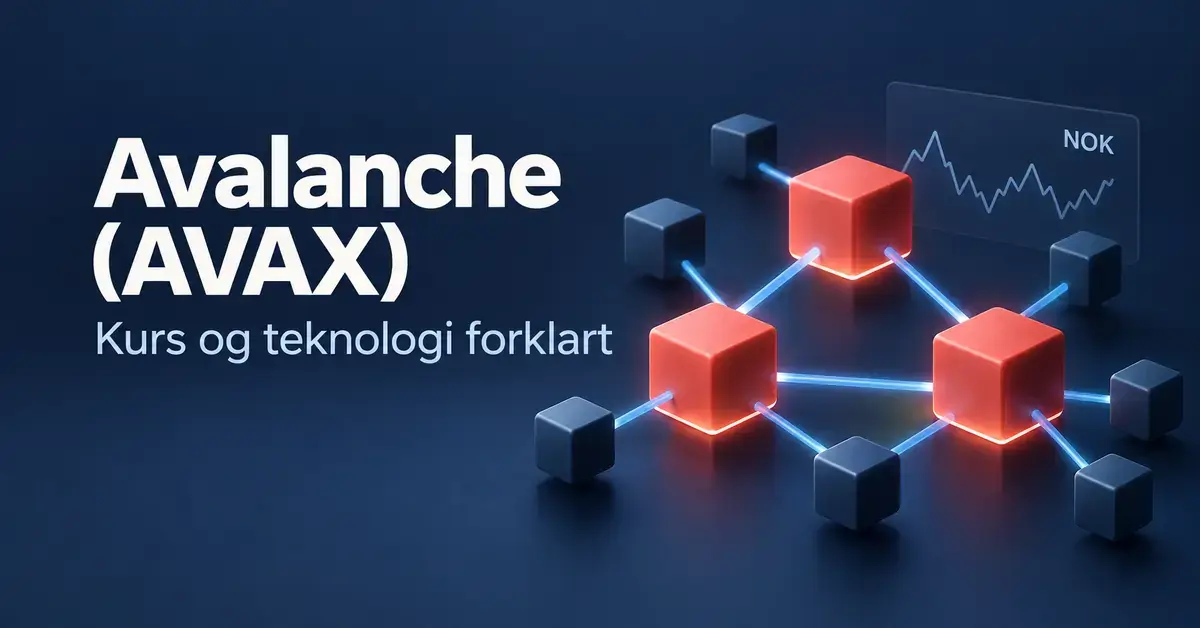Illustrasjon av Avalanche (AVAX) med sammenkoblede blokker og en stilisert kursgraf i norske kroner, med teksten «Kurs og teknologi forklart».