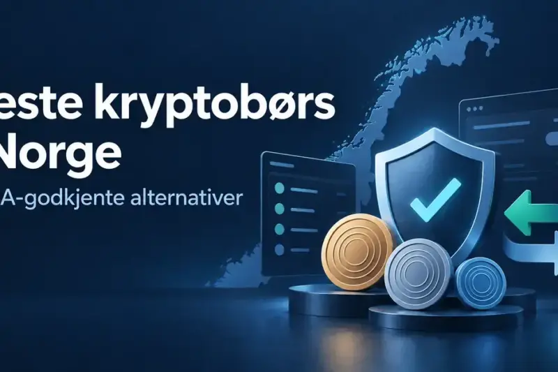 Illustrasjon av norgeskart, digitale mynter, vekslingspiler og et skjold med hake ved teksten «Beste kryptobørs i Norge – MiCA-godkjente alternativer».