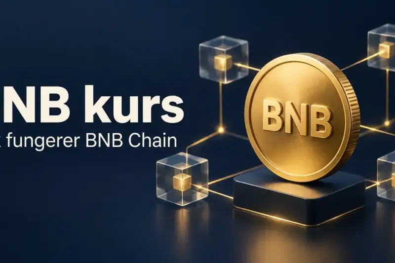 Illustrasjon av en gyllen mynt med BNB-bokstaver koblet til et nettverk av blokker, med teksten «BNB kurs – Slik fungerer BNB Chain» på mørkeblå bakgrunn.