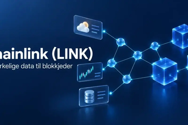 Illustrasjon av hvordan Chainlink kobler værdata, markedsdata og databaser til blokkjeder gjennom et nettverk av sammenkoblede noder.