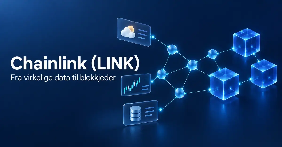 Illustrasjon av hvordan Chainlink kobler værdata, markedsdata og databaser til blokkjeder gjennom et nettverk av sammenkoblede noder.