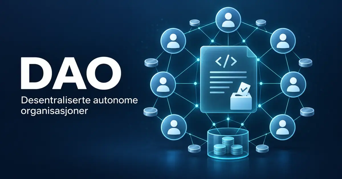 Illustrasjon av en DAO med sammenkoblede medlemsikoner rundt en smartkontrakt, en stemmeurne og en felles kasse.