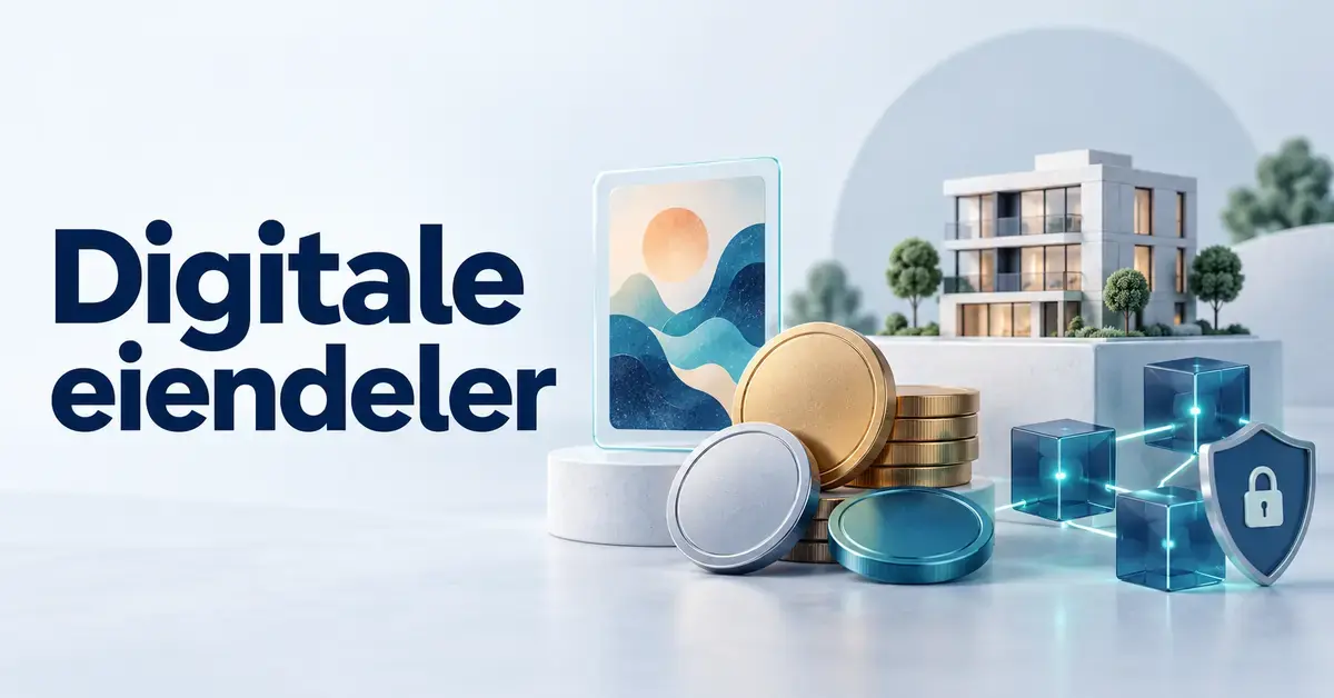 Illustrasjon av digitale eiendeler med mynter, digital kunst, en bygning og sammenkoblede blokker med et sikkerhetsskjold ved siden av teksten «Digitale eiendeler».