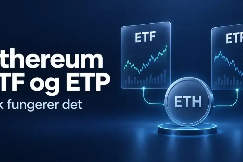 Illustrasjon av en ETH-mynt koblet til to kort merket ETF og ETP med kursgrafer, ved siden av teksten «Ethereum ETF og ETP – Slik fungerer det».