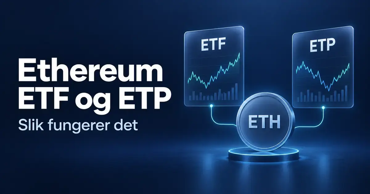 Illustrasjon av en ETH-mynt koblet til to kort merket ETF og ETP med kursgrafer, ved siden av teksten «Ethereum ETF og ETP – Slik fungerer det».