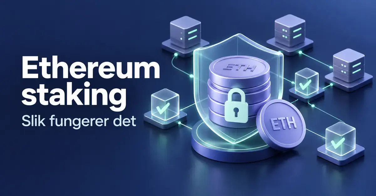 Illustrasjon av Ethereum-staking med ETH-mynter beskyttet av et skjold og en hengelås, koblet til validatorer og bekreftede blokker i et nettverk.