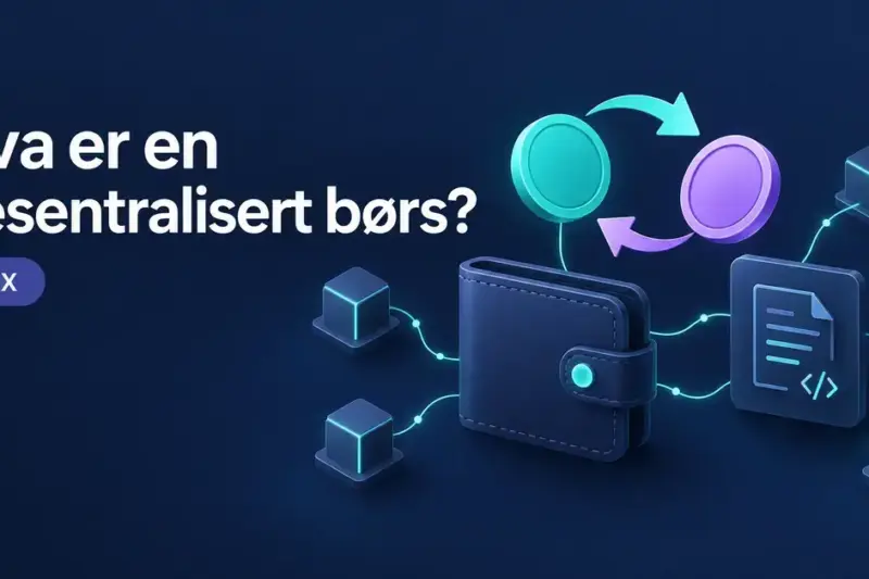 Illustrasjon av en kryptolommebok koblet til en smartkontrakt og blokkjedenoder, med to kryptomynter og piler som viser bytte på en desentralisert børs.