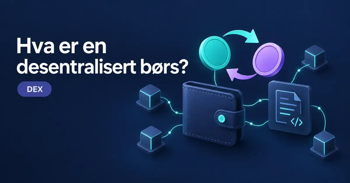 Illustrasjon av en kryptolommebok koblet til en smartkontrakt og blokkjedenoder, med to kryptomynter og piler som viser bytte på en desentralisert børs.