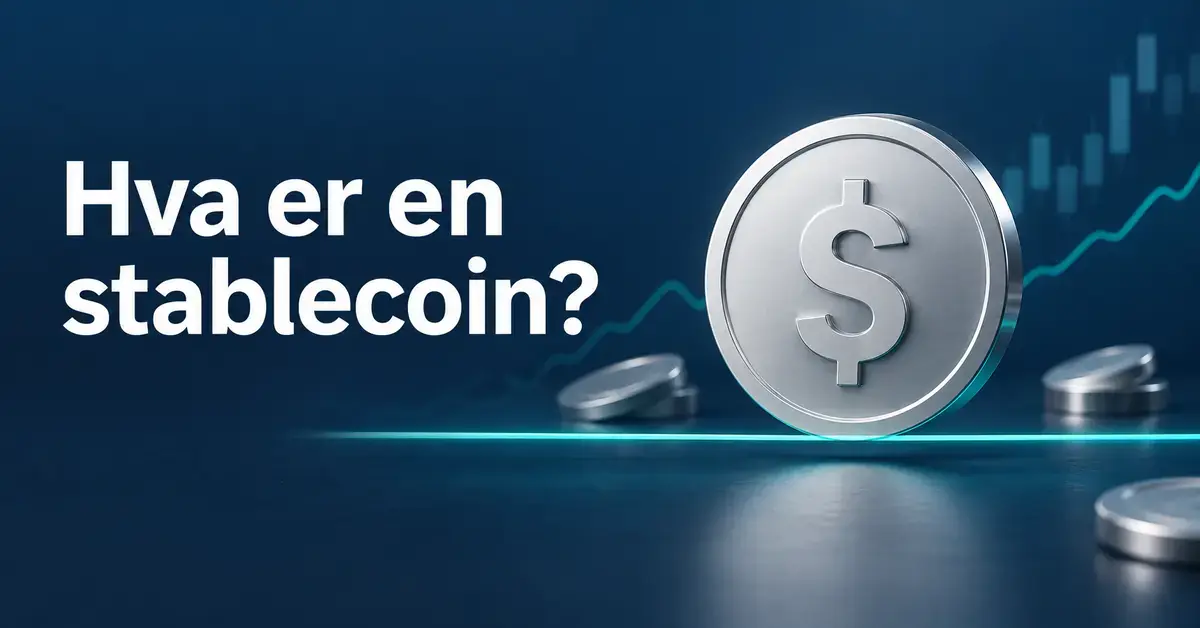 Illustrasjon av en sølvfarget mynt med dollartegn på en horisontal turkis linje, med teksten «Hva er en stablecoin?» mot en mørk blå bakgrunn.