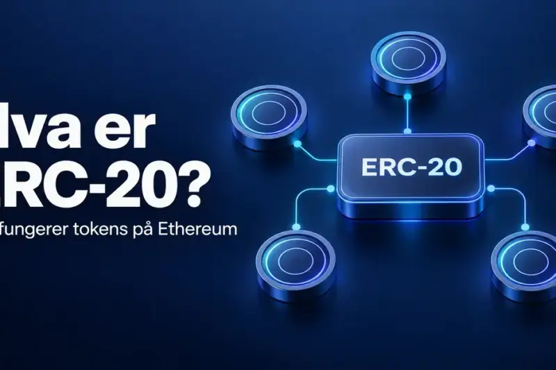 Illustrasjon av ERC-20 som en felles standard koblet til fem digitale tokens, med teksten «Hva er ERC-20? Slik fungerer tokens på Ethereum».