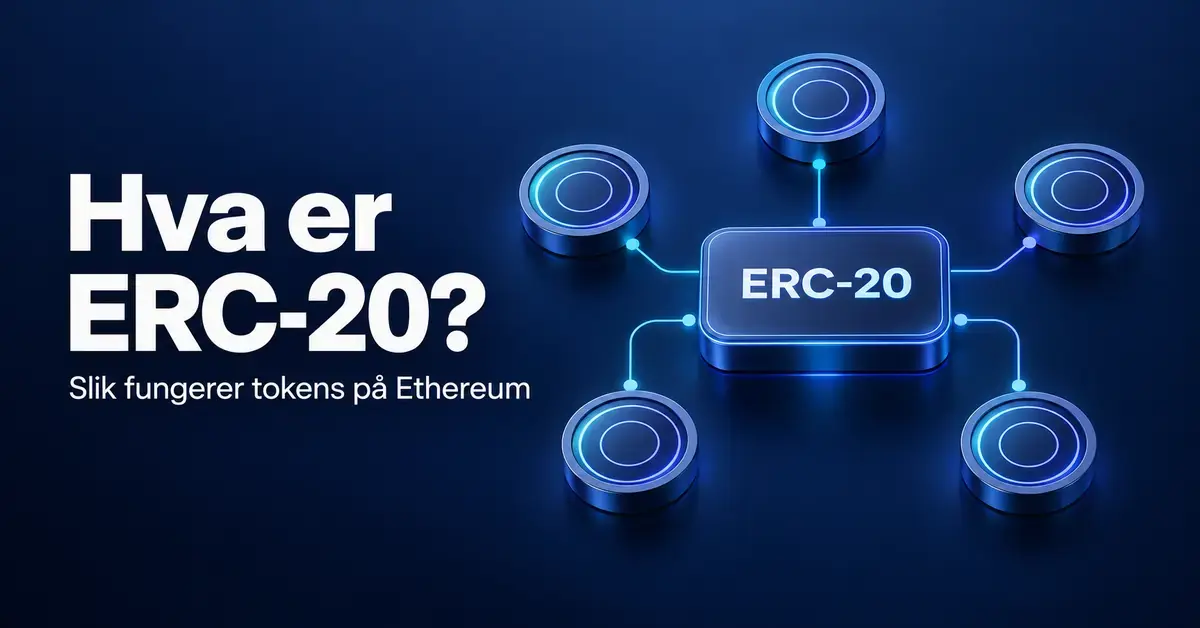 Illustrasjon av ERC-20 som en felles standard koblet til fem digitale tokens, med teksten «Hva er ERC-20? Slik fungerer tokens på Ethereum».