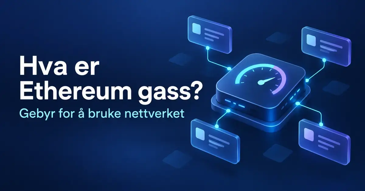 Illustrasjon av en digital måler koblet til transaksjonsblokker, med teksten «Hva er Ethereum gass?» og «Gebyr for å bruke nettverket».