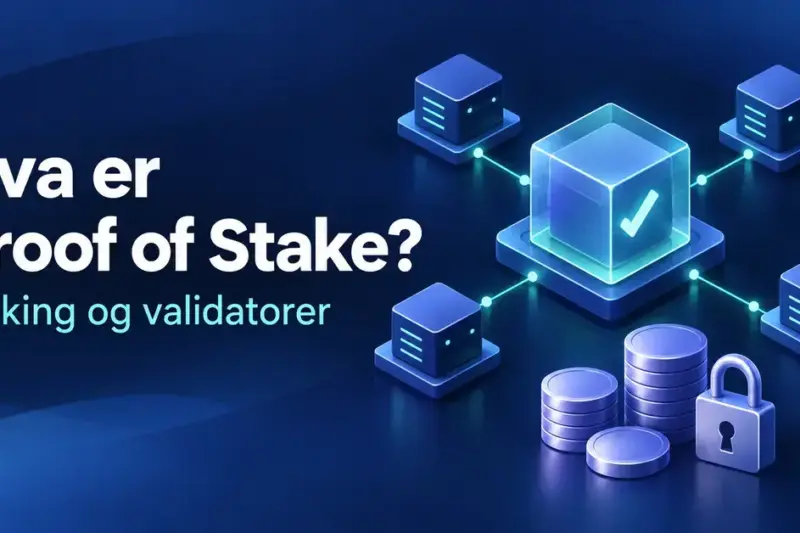 Illustrasjon av Proof of Stake med sammenkoblede validatorer, en godkjent blokk og mynter med hengelås som symboliserer staking.