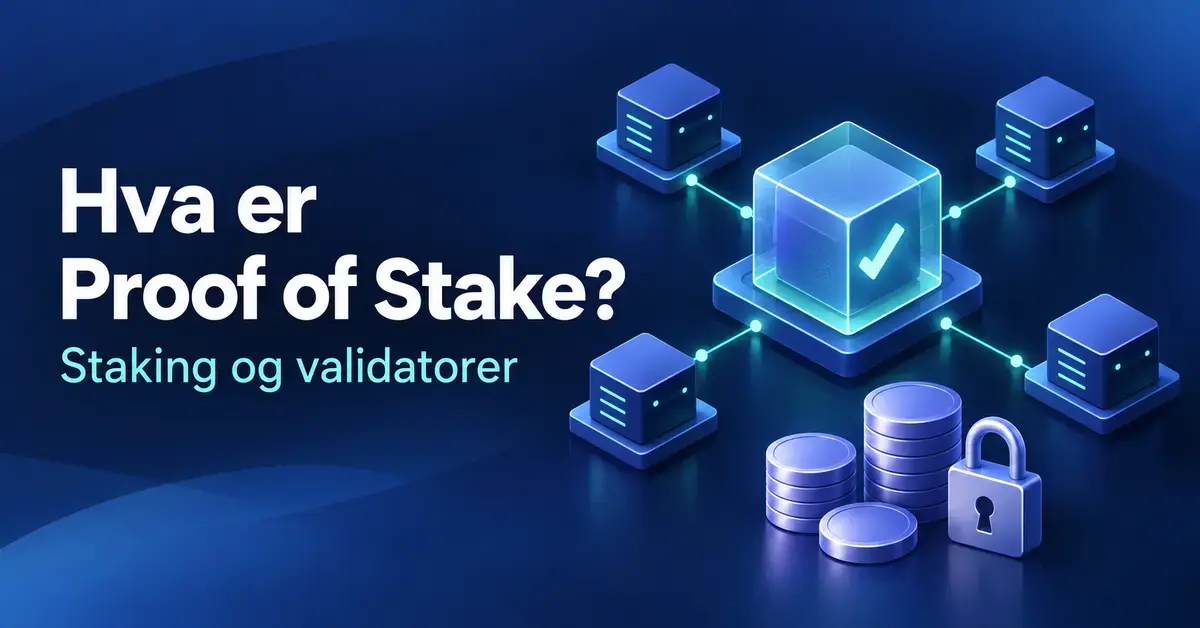 Illustrasjon av Proof of Stake med sammenkoblede validatorer, en godkjent blokk og mynter med hengelås som symboliserer staking.