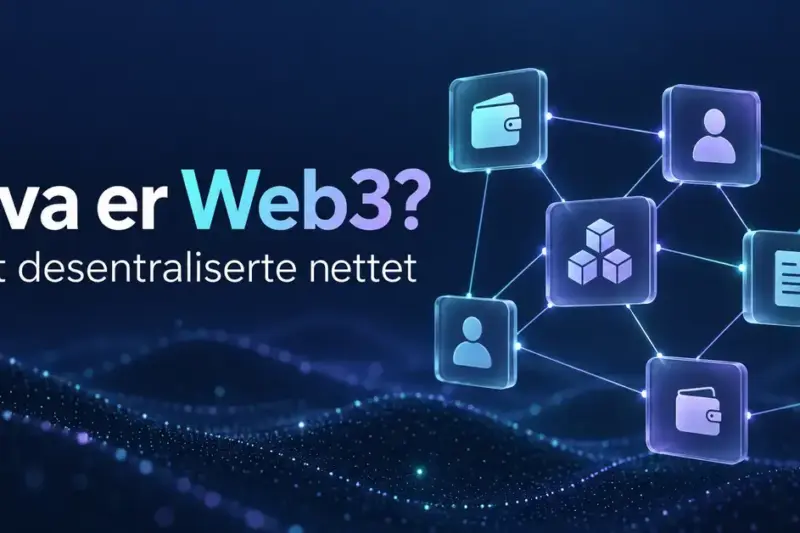 Illustrasjon av Web3 med sammenkoblede symboler for digitale lommebøker, identitet, data og blokkjeder, og teksten «Hva er Web3? Det desentraliserte nettet».