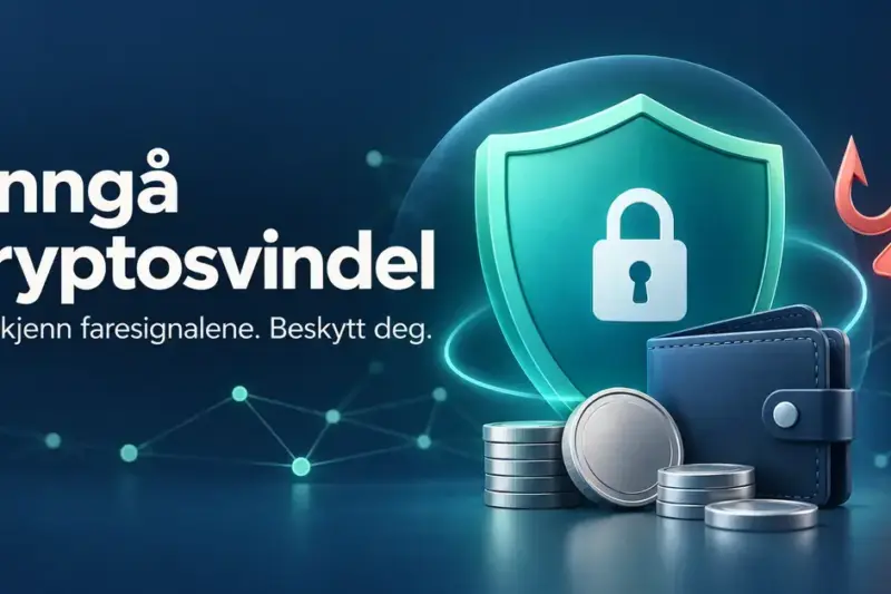 Et skjold med hengelås beskytter en lommebok og digitale mynter mot en fiskekrok og et varselsymbol, med teksten «Unngå kryptosvindel».