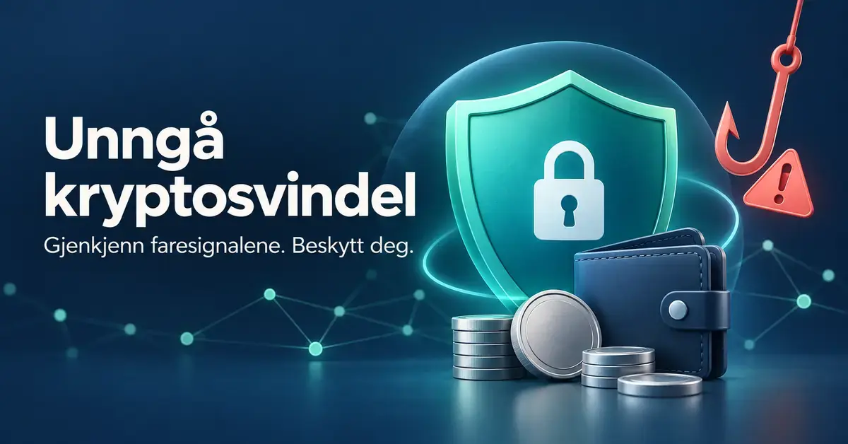 Et skjold med hengelås beskytter en lommebok og digitale mynter mot en fiskekrok og et varselsymbol, med teksten «Unngå kryptosvindel».