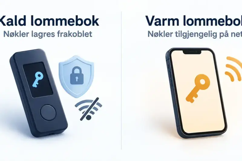 Illustrasjon av en kald kryptolommebok med frakoblede nøkler og en varm kryptolommebok på mobil med nøkler tilgjengelig på nett.