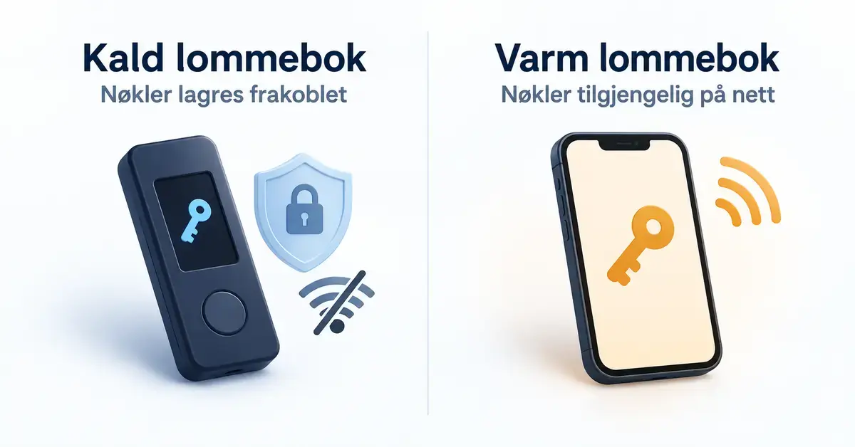 Illustrasjon av en kald kryptolommebok med frakoblede nøkler og en varm kryptolommebok på mobil med nøkler tilgjengelig på nett.
