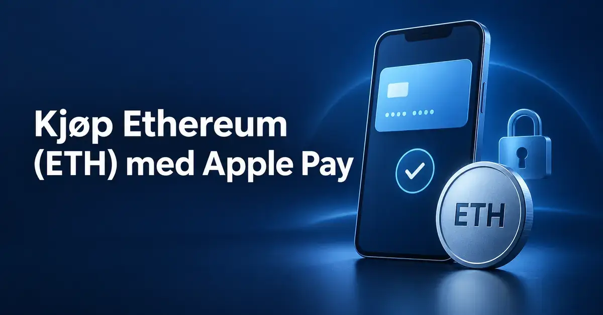 Illustrasjon av en mobiltelefon med betalingskort og bekreftelsessymbol, en mynt merket ETH og en hengelås ved teksten «Kjøp Ethereum (ETH) med Apple Pay».