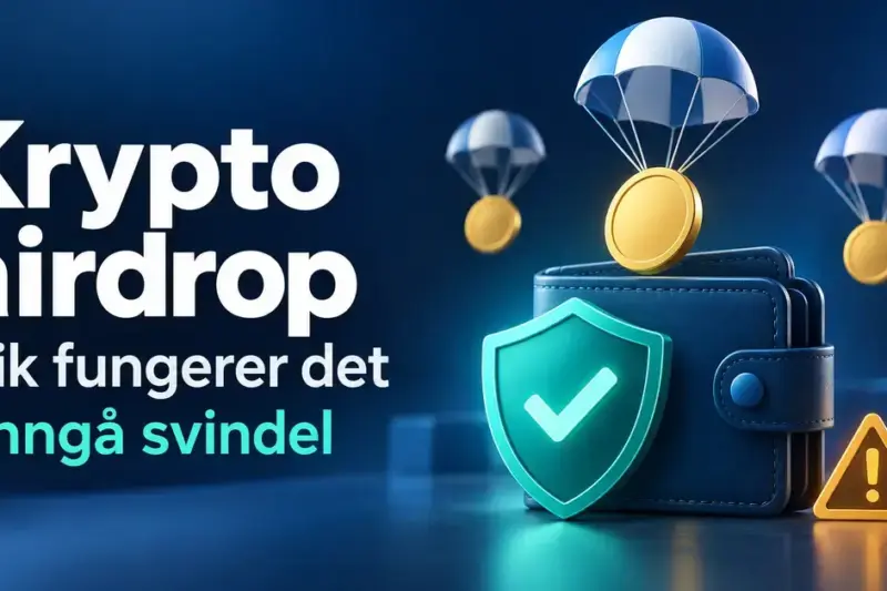 Illustrasjon av kryptomynter som daler med fallskjermer mot en digital lommebok, med et beskyttende skjold og en varseltrekant som symboliserer sikkerhet og svindelfare ved airdrops.