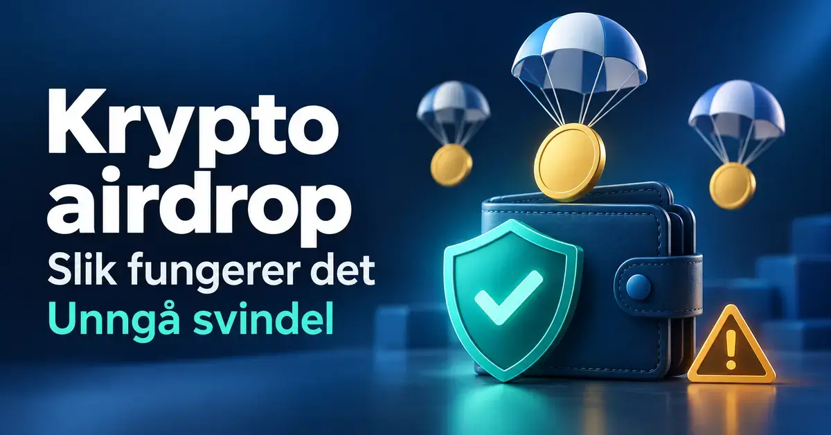 Illustrasjon av kryptomynter som daler med fallskjermer mot en digital lommebok, med et beskyttende skjold og en varseltrekant som symboliserer sikkerhet og svindelfare ved airdrops.