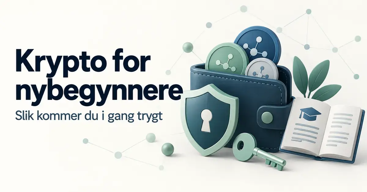 Illustrasjon av en digital lommebok med mynter, et skjold, en nøkkel og en åpen bok ved siden av teksten «Krypto for nybegynnere – Slik kommer du i gang trygt».