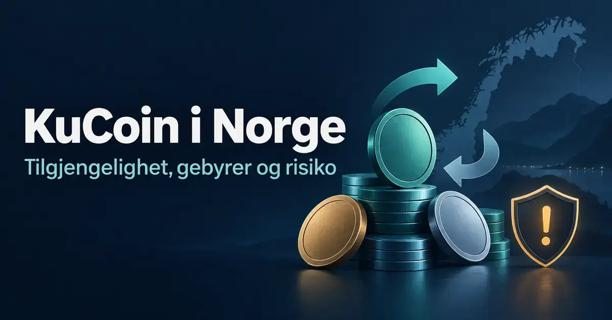 Illustrasjon av KuCoin i Norge med mynter, vekslingspiler, norgeskart og et skjold med utropstegn som symboliserer risiko.