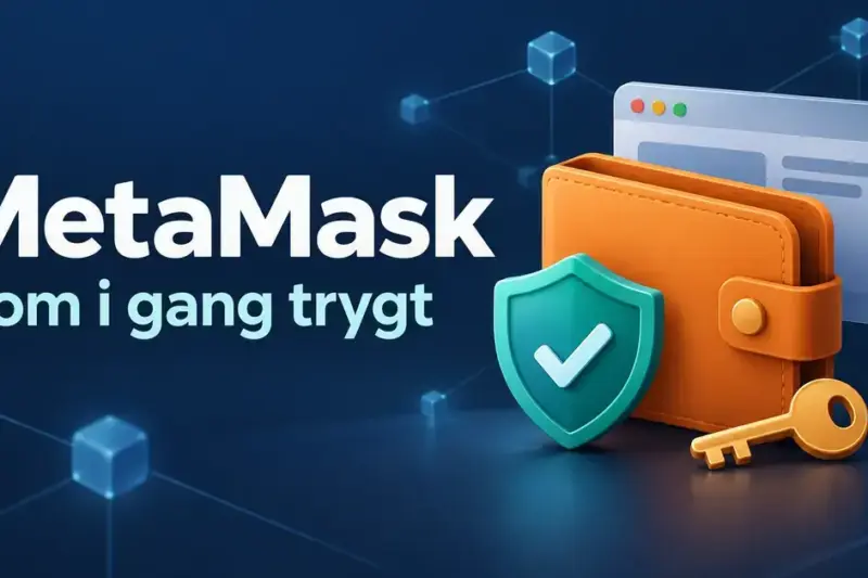 Illustrasjon av en digital lommebok, et sikkerhetsskjold og en nøkkel ved siden av teksten «MetaMask – Kom i gang trygt».