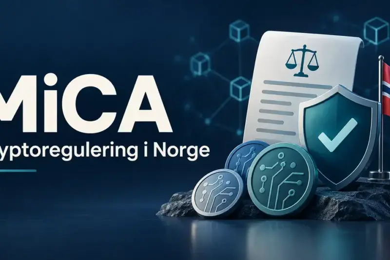 Illustrasjon av MiCA og kryptoregulering i Norge med et regelverksdokument, et beskyttende skjold, digitale mynter og det norske flagget.