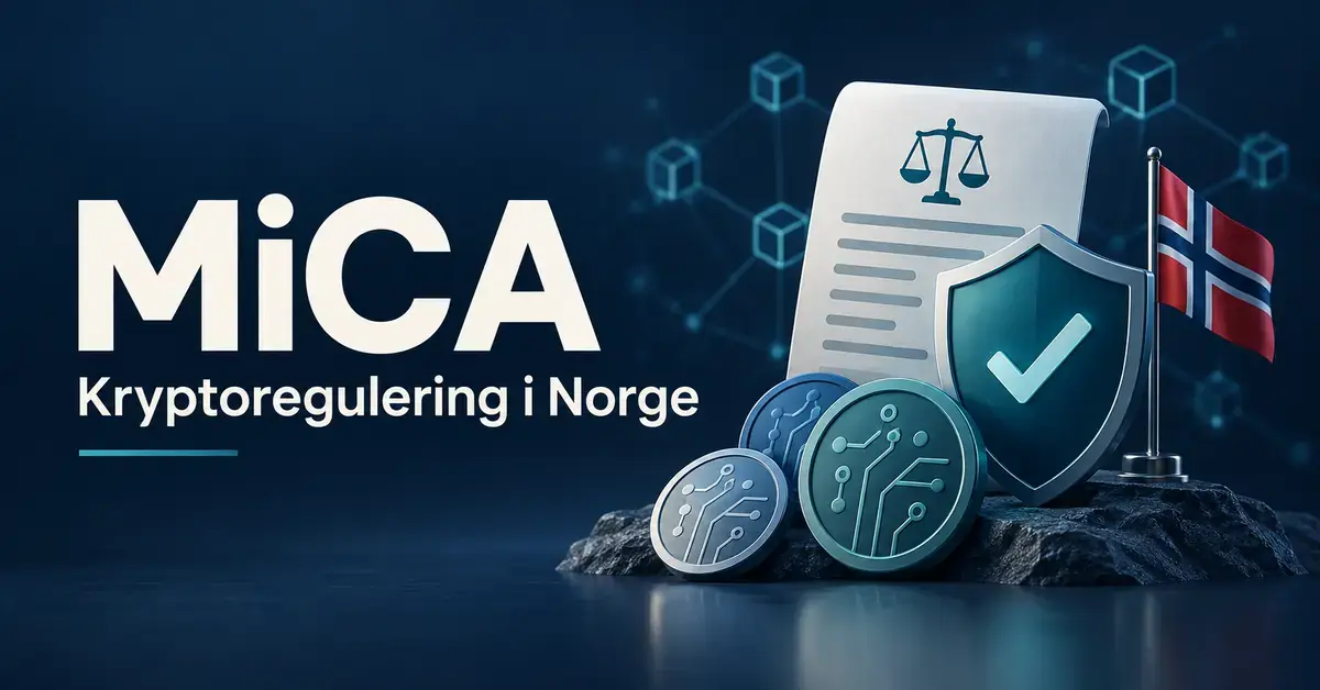 Illustrasjon av MiCA og kryptoregulering i Norge med et regelverksdokument, et beskyttende skjold, digitale mynter og det norske flagget.