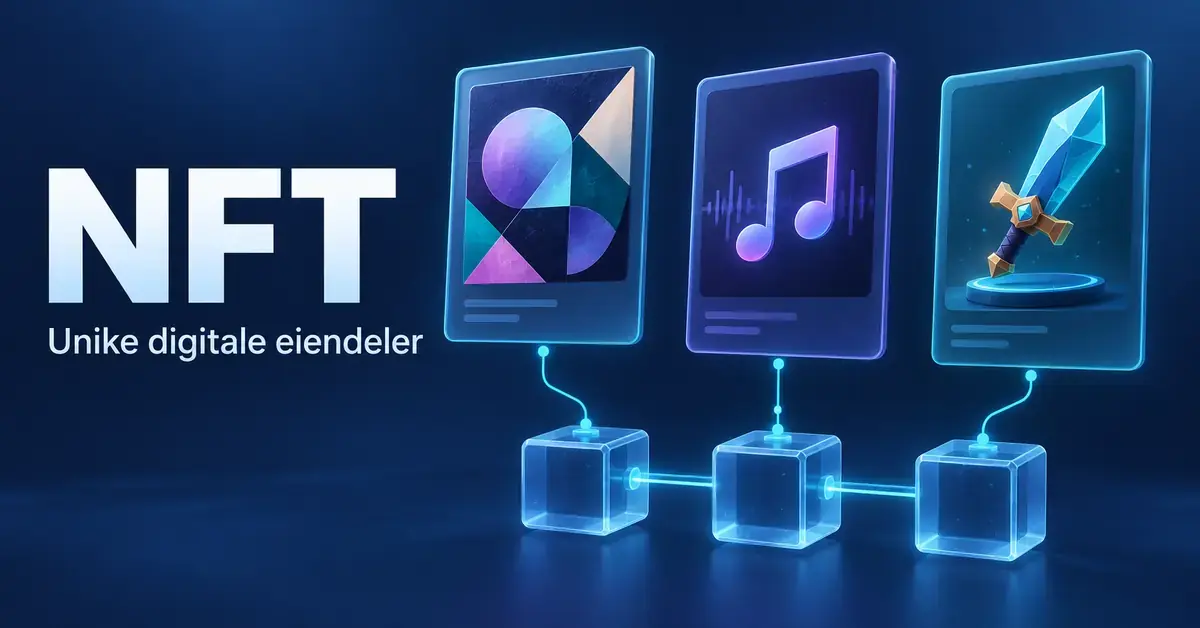Illustrasjon av NFT-er med digitale kort for kunst, musikk og spillgjenstander koblet til en blokkjede, med teksten «NFT – Unike digitale eiendeler».