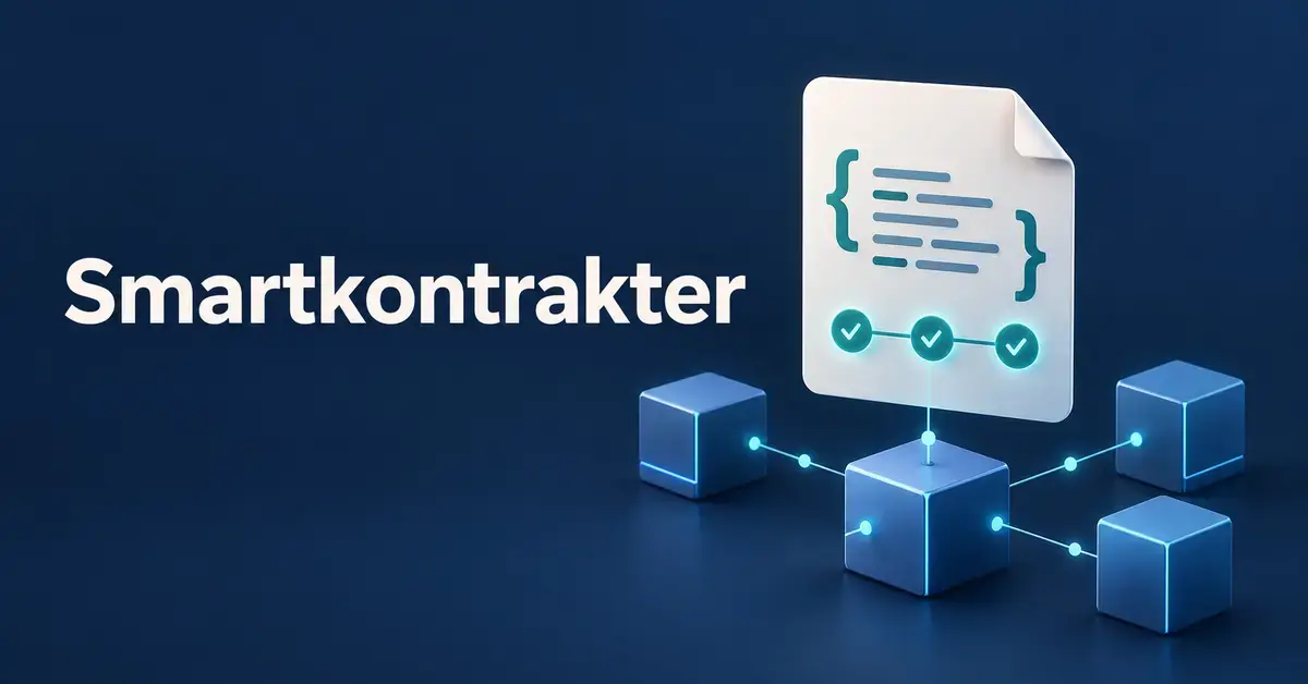 Illustrasjon av en digital smartkontrakt med kodesymboler og avkryssinger koblet til blokker i en blokkjede, med teksten «Smartkontrakter».