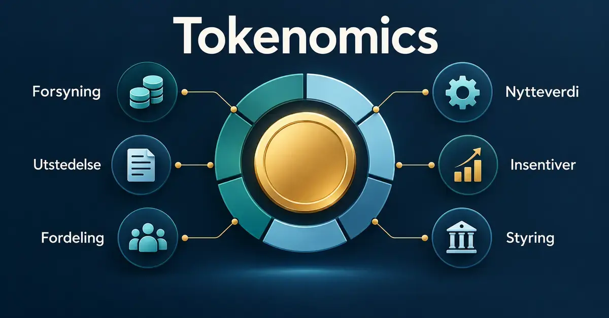 Illustrasjon av tokenomics med et token omgitt av symboler for forsyning, utstedelse, fordeling, nytteverdi, insentiver og styring.